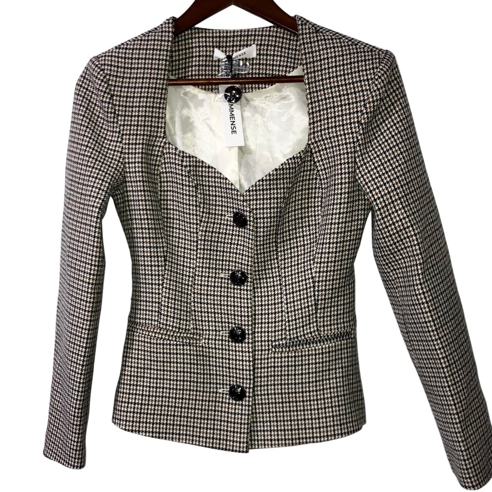 Commense Cream Brown Black Houndstooth Sweetheart Neckline Blazer Jacket XS NWT - Picture 6 of 13